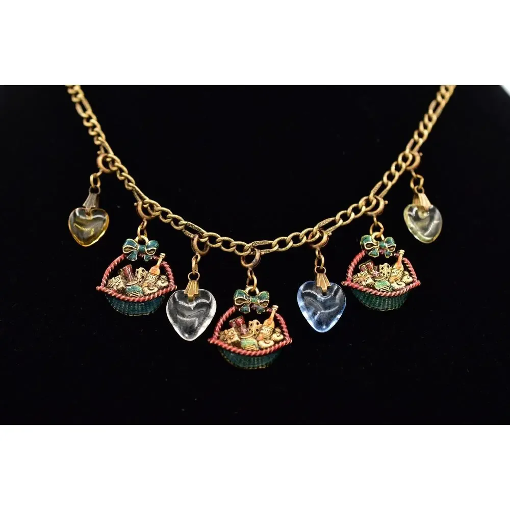 Anna Koplik Vintage Charm Necklace Collar Picnic Basket Wine Heart Signed BinBL